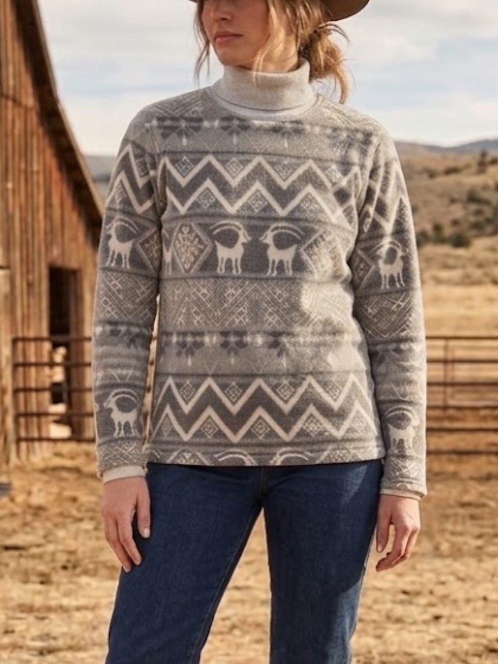 Vintage 90s Turtleneck Fleece Women's XS/S Gray Pullover Fairisle Aztec Ibex USA
